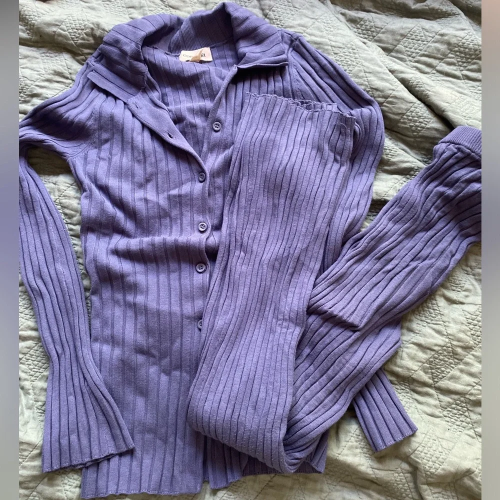 đź§µOpen Edit Ribbed Set in Blue Shadow cardigan and pants M - Picture 3 of 8